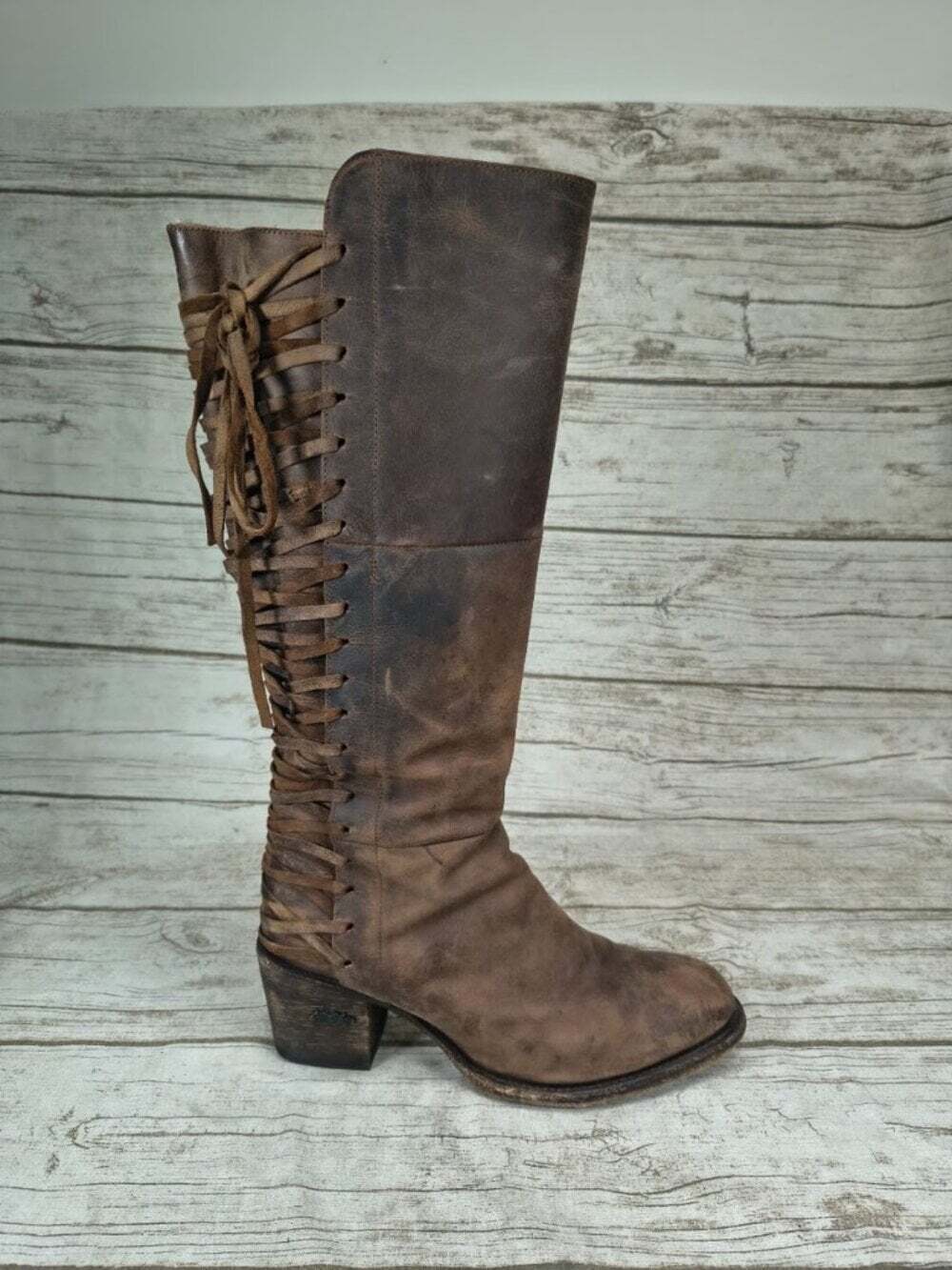 Miss Macie Brown Distressed Knee High Lace Up Boots Size 9.5M